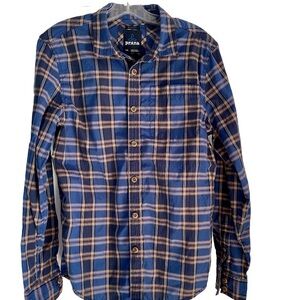 Prana Shirt Mens Sz S slim fit blue Plaid Button Down Long Sleeve Outdoor Casual